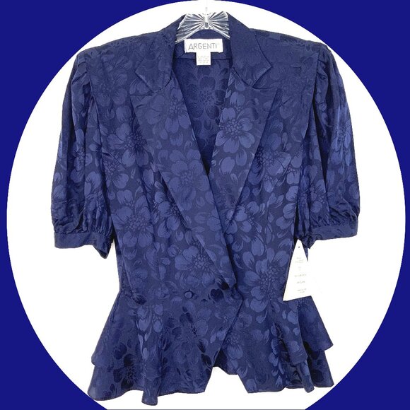 Argenti Tops - New Vintage Argenti Silk Floral Jacquard  Navy/Purple Peplum Blouse Size 8